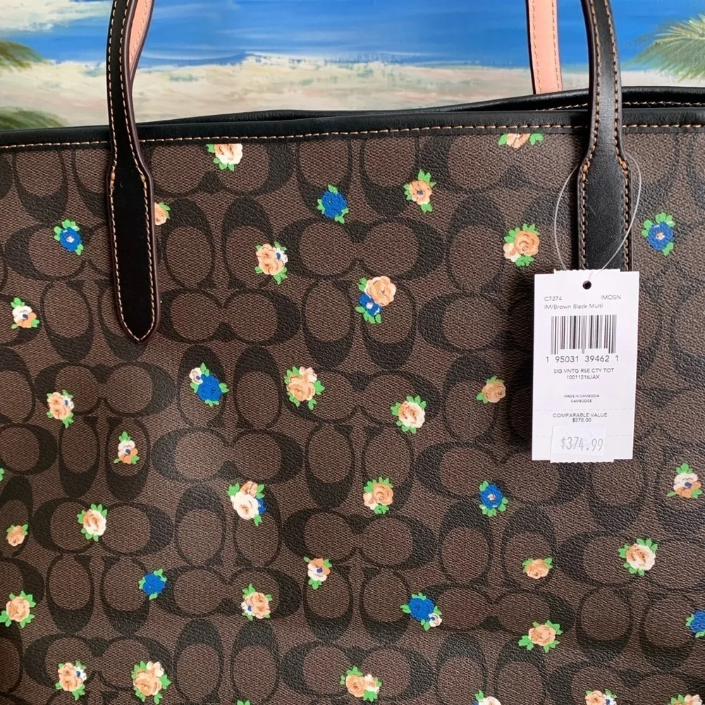 Coach Signature Vntg Rose Tote Brown Black Multicolor Sz 13Lx 11 1/2H x …